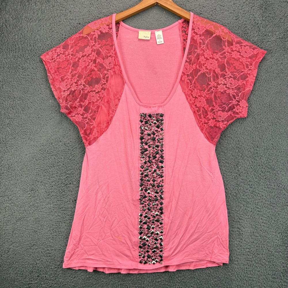 Daytrip Womens Pink Lace Sleeve Studded Embellished Scoop Neck Top Medium